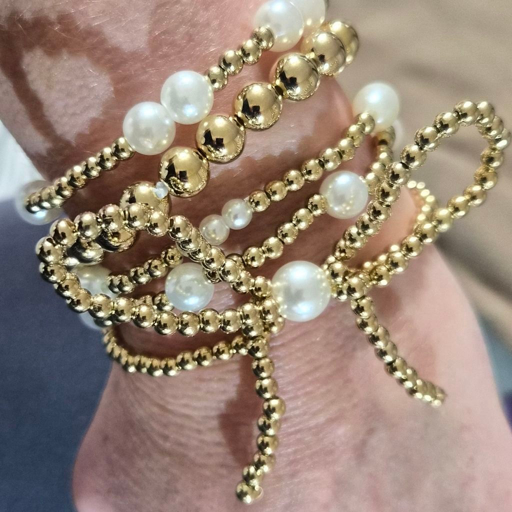 Women's Gold and White Pearl Beaded Bracelet Set, One Size